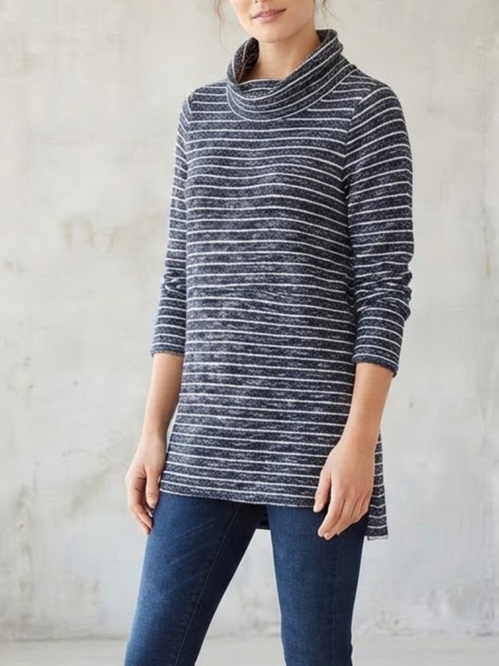 Loft - Marled Spacedye Cowl Mock Neck Sweater Tunic | Size Medium | Blue & White